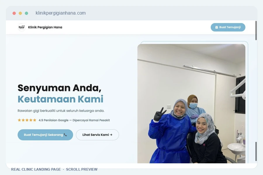 Scrolling preview of the real Klinik Pergigian Hana landing page, showing treatments, testimonials and appointment details